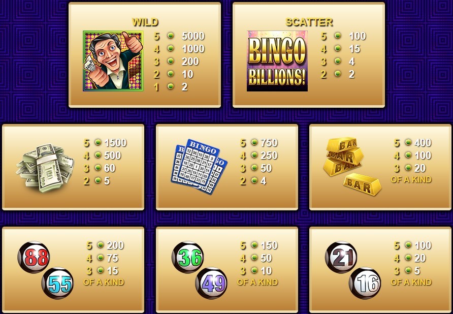 Bingo Billions Slot Symbols